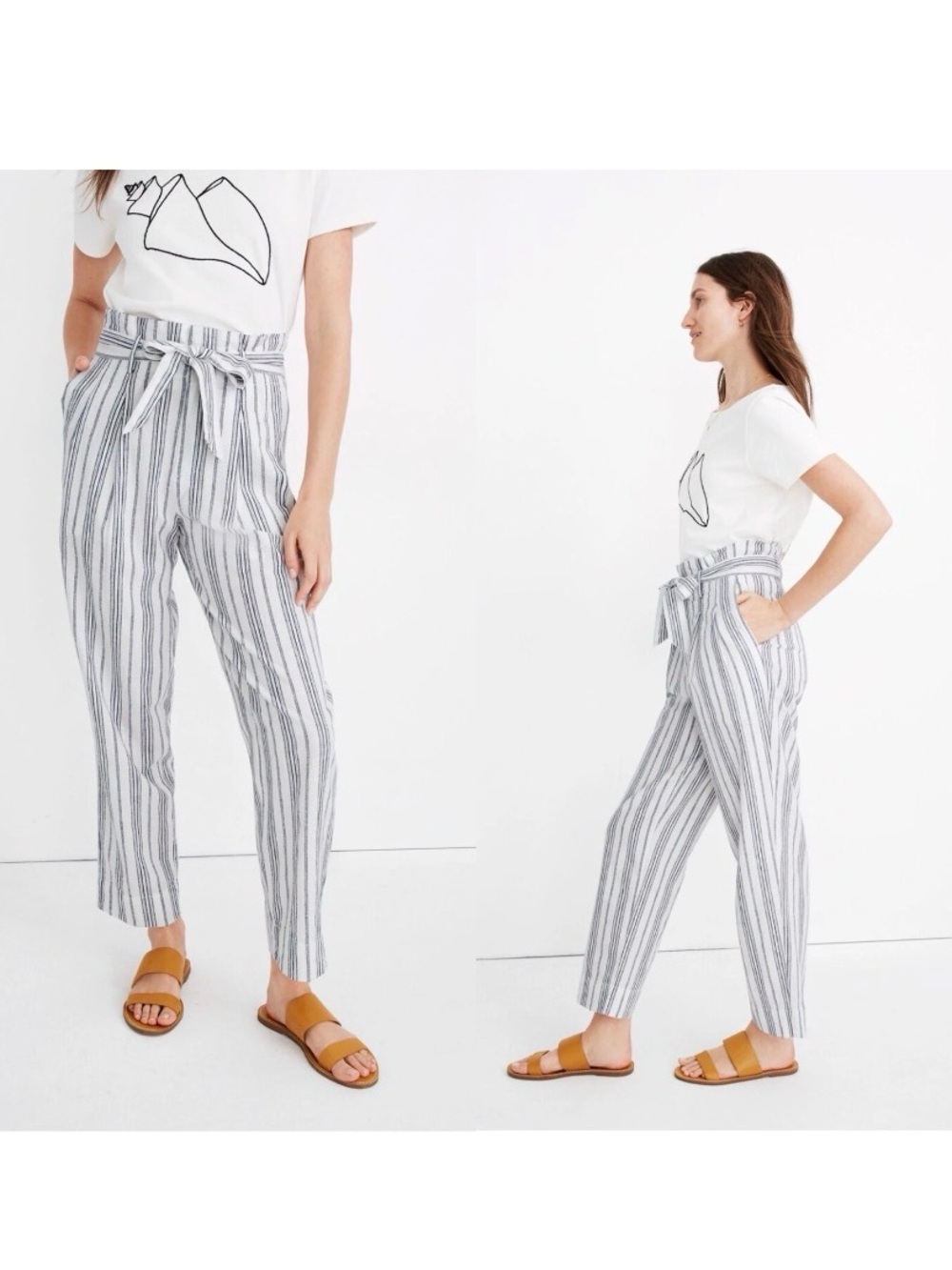 Madewell Dark Baltic Slub Striped Linen Cotton Belted Paperbag Pants Size 2